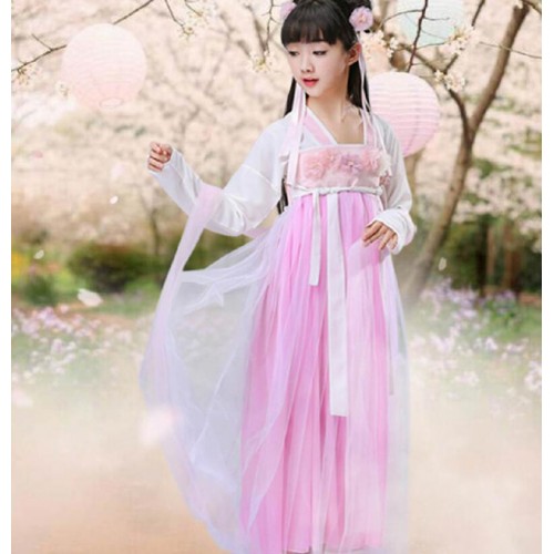 Girls hanfu children chinese folk dance dress pink fairy princess drama cosplay dress
